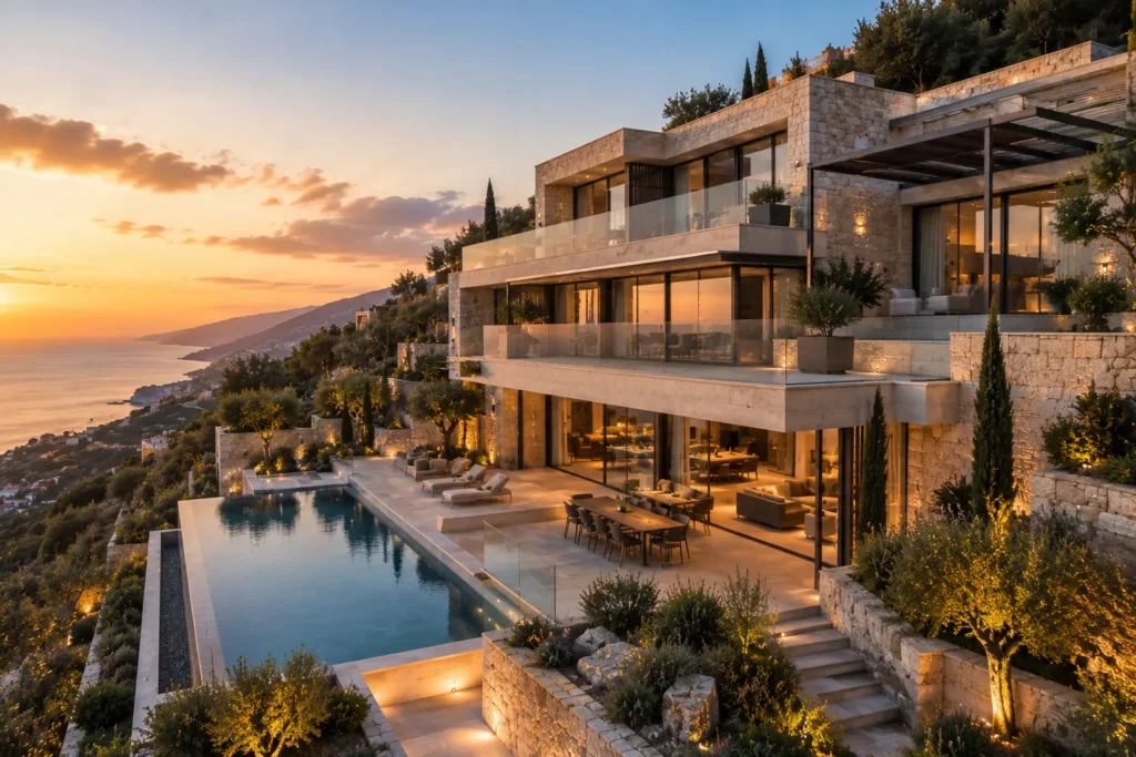 Azure Cliffs Residence overlooking the Mediterranean Sea in North Lebanon, featuring limestone architecture, infinity pool, terraced landscaping and panoramic coastal views.