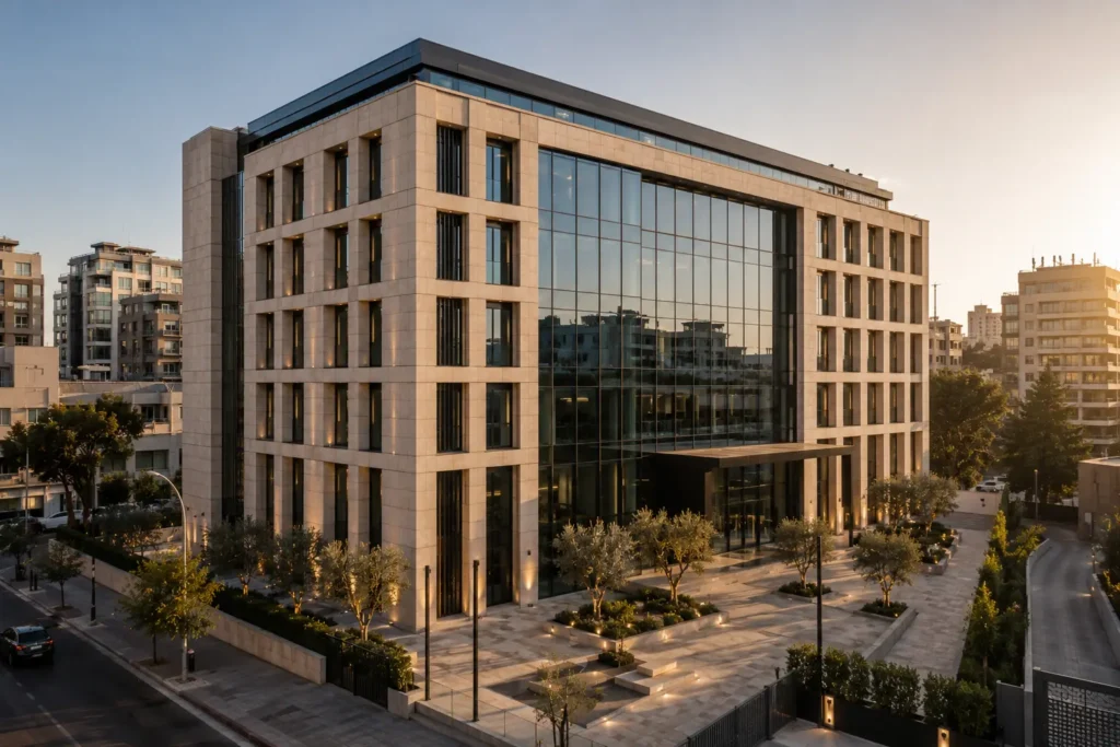 Beirut Gateway Offices in Beirut, Lebanon, featuring contemporary limestone architecture, expansive glazing, landscaped entrance plaza and premium urban office design.