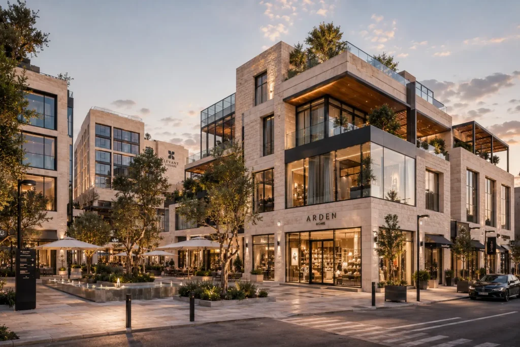 Contemporary mixed-use development in Lebanon featuring limestone architecture, retail boutiques, office spaces, landscaped plazas and pedestrian-friendly public spaces at sunset.