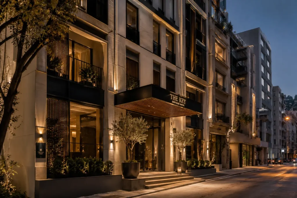 The Key Hotel in Beirut illuminated at dusk, featuring a contemporary limestone façade, elegant lighting, landscaped entrance and refined urban hospitality architecture.