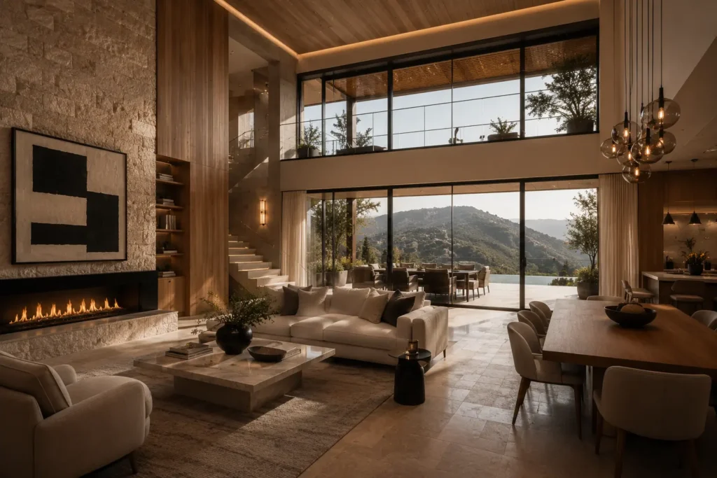 Luxury Lebanese villa interior with limestone fireplace, oak wood wall cladding, double-height living space, floor-to-ceiling glazing and panoramic mountain views.