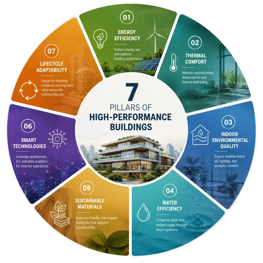 Circular infographic illustrating the seven pillars of high-performance buildings: energy efficiency, thermal comfort, indoor environmental quality, water efficiency, sustainable materials, smart technologies, and lifecycle adaptability.