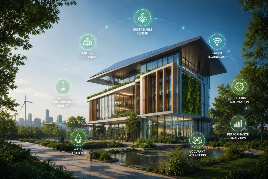 Modern smart sustainable building with performance engineering, energy efficiency, automation, and green building technologies.