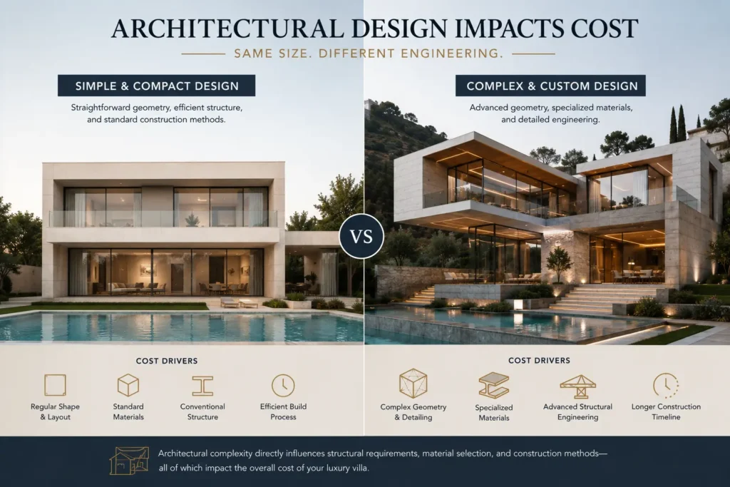 Comparison of two luxury villas in Lebanon showing how architectural design complexity, structural engineering, custom materials, and construction methods influence overall construction costs despite having similar floor areas.