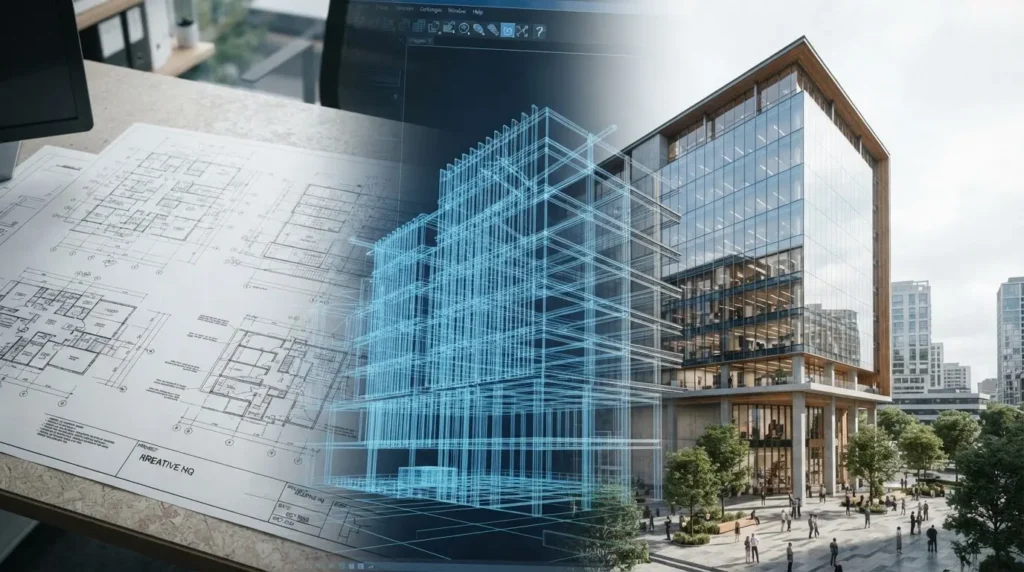 Architectural visualization showing the transition from construction blueprints and a digital 3D model to a completed contemporary luxury business center.