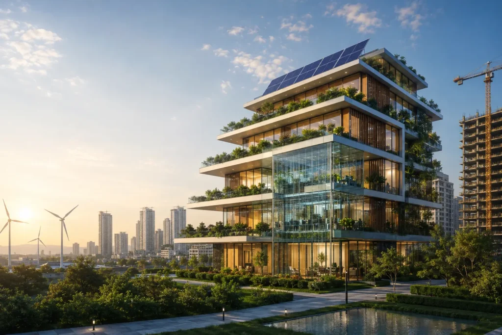 Modern high-performance sustainable smart building with solar panels, green terraces, and energy-efficient architectural design.