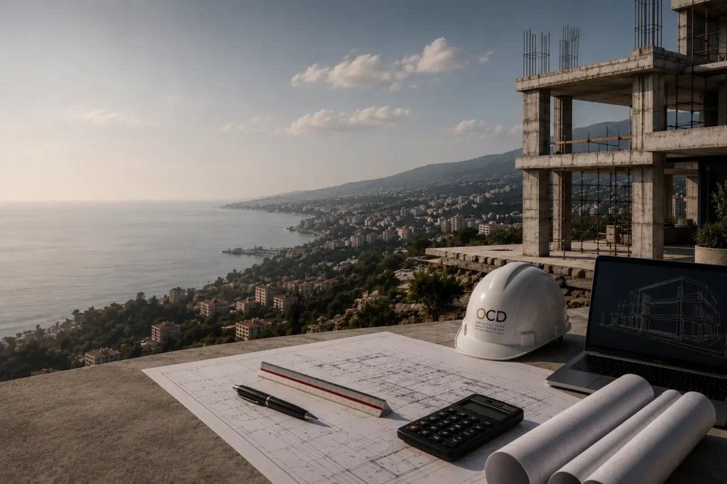 Construction company in Lebanon overseeing a luxury residential project with architectural plans, engineering tools, and a coastal construction site.