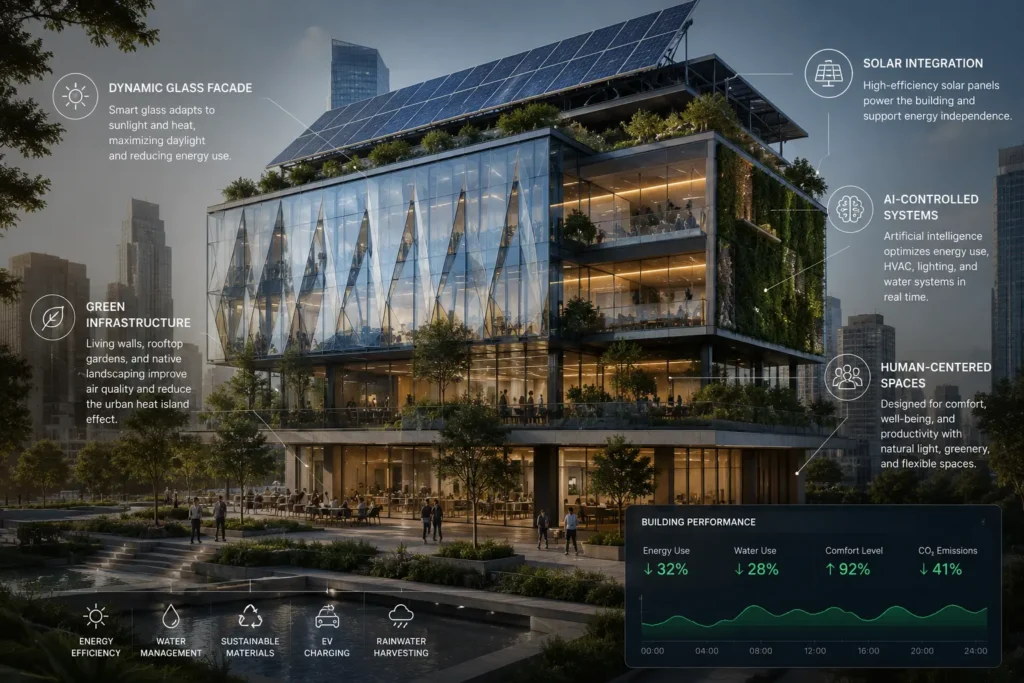 Photorealistic high-performance sustainable building featuring a dynamic glass façade, integrated solar panels, green infrastructure, AI-controlled building systems, and human-centered spaces designed for energy efficiency, occupant comfort, and long-term sustainability.