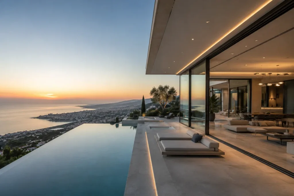 Contemporary luxury villa in Lebanon featuring floor-to-ceiling glass, an infinity pool, and panoramic Mediterranean sea views.