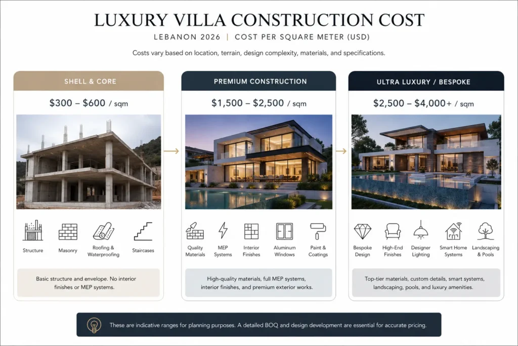 Infographic showing the average construction cost per square meter for luxury villas in Lebanon, including Shell & Core, Premium Construction, and Ultra-Luxury Bespoke cost ranges.