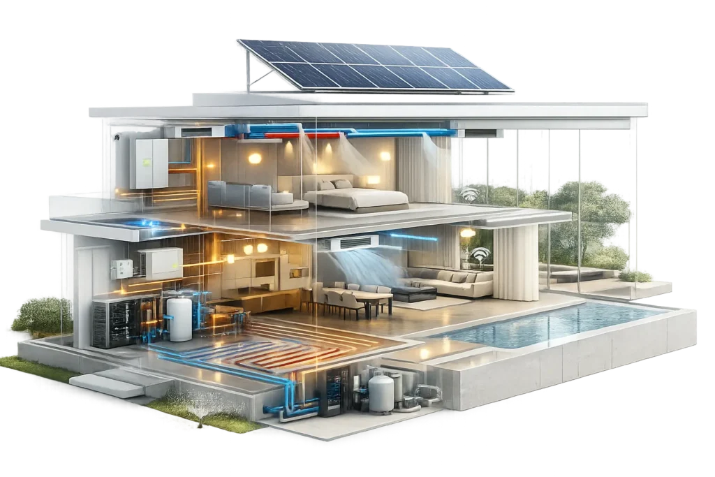 Luxury villa cutaway visualization showing integrated HVAC, electrical, water, solar energy and smart home systems hidden within the building.