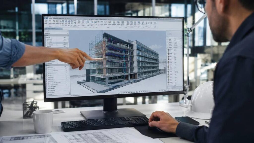 Architects and engineers reviewing construction plans and digital building models during a construction project planning meeting