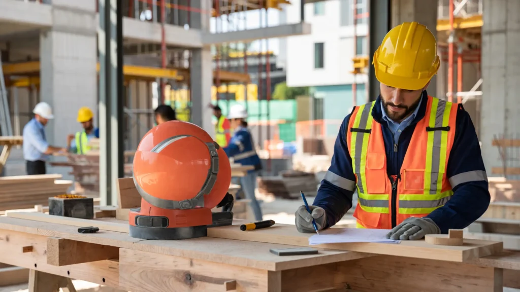 Construction supervisor inspecting workmanship quality on a premium building project with engineers collaborating in the background