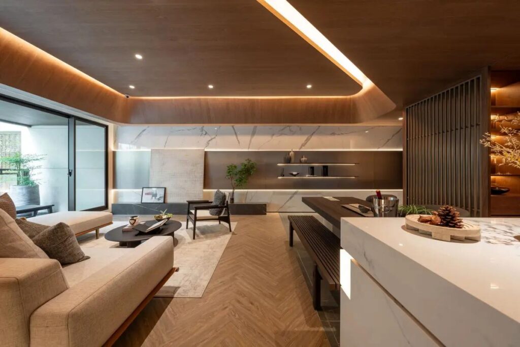 Luxury modern interior finishing showcasing high-quality materials, architectural details, and craftsmanship in a completed building project