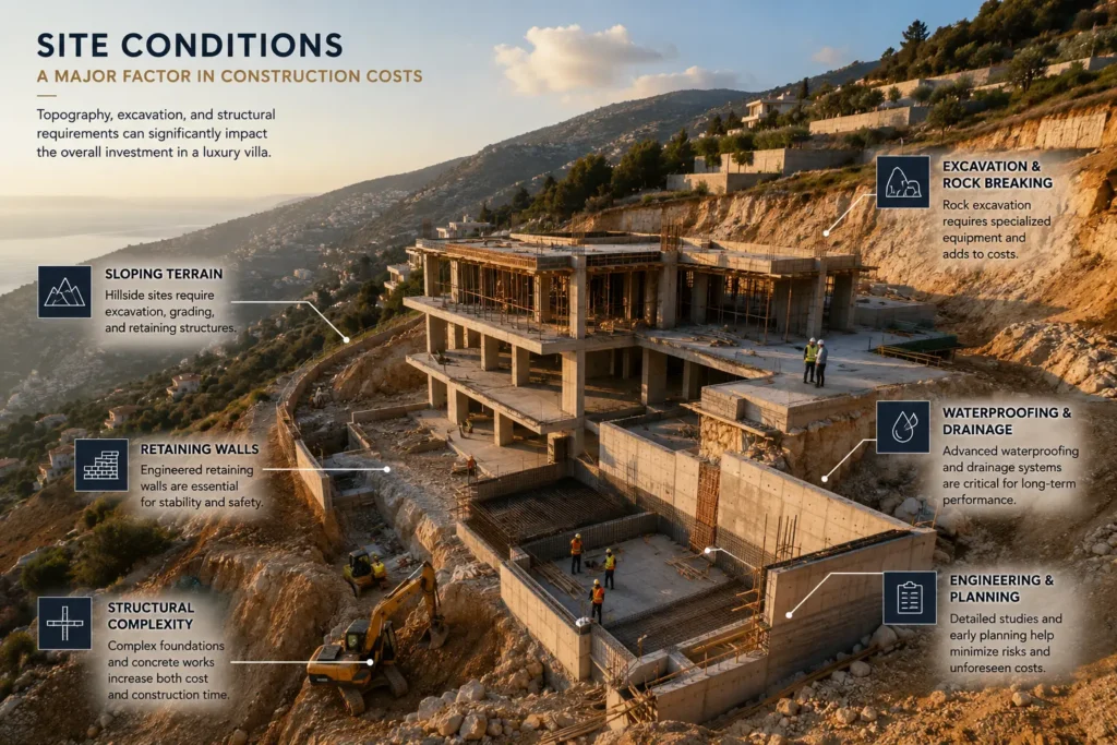Luxury villa under construction on a sloping hillside in Lebanon, illustrating excavation, retaining walls, structural engineering, waterproofing, and site conditions that influence construction costs.