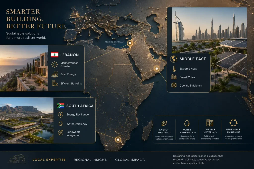 Luxury architectural infographic illustrating sustainable building strategies across Lebanon, the Middle East, and South Africa, highlighting climate-responsive design, solar energy, cooling efficiency, water conservation, and renewable energy integration.