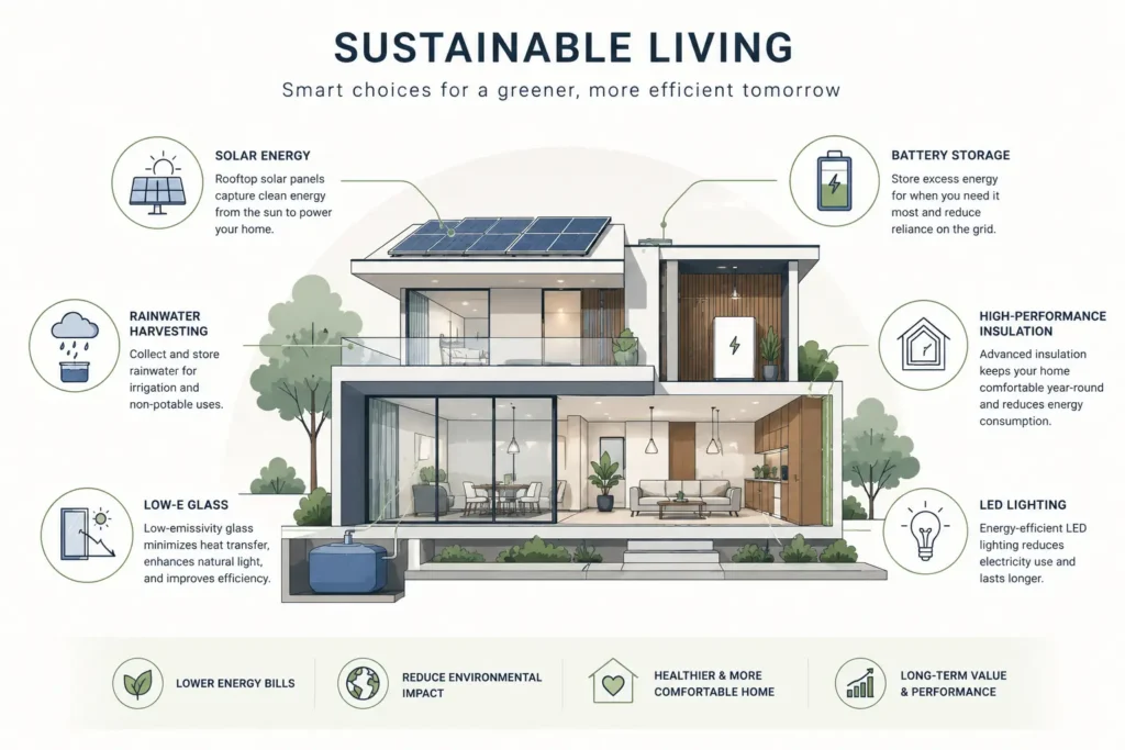 Infographic illustrating sustainable features for a luxury villa, including solar panels, battery storage, rainwater harvesting, insulation, Low-E glass, and LED lighting.